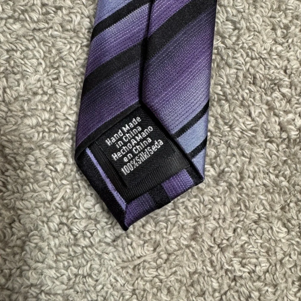 Van Heusen Mens Purple Black Striped Silk Necktie Stain Resistant Handmade Tie